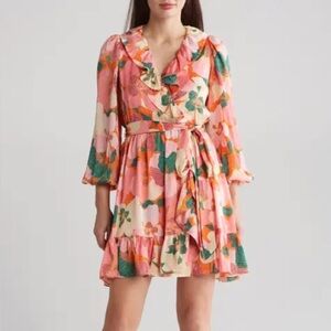 TAYLOR‎ Floral Pink Orange Mini Dress Ruffle Long Sleeve Sundress Sun Size XL 1X
